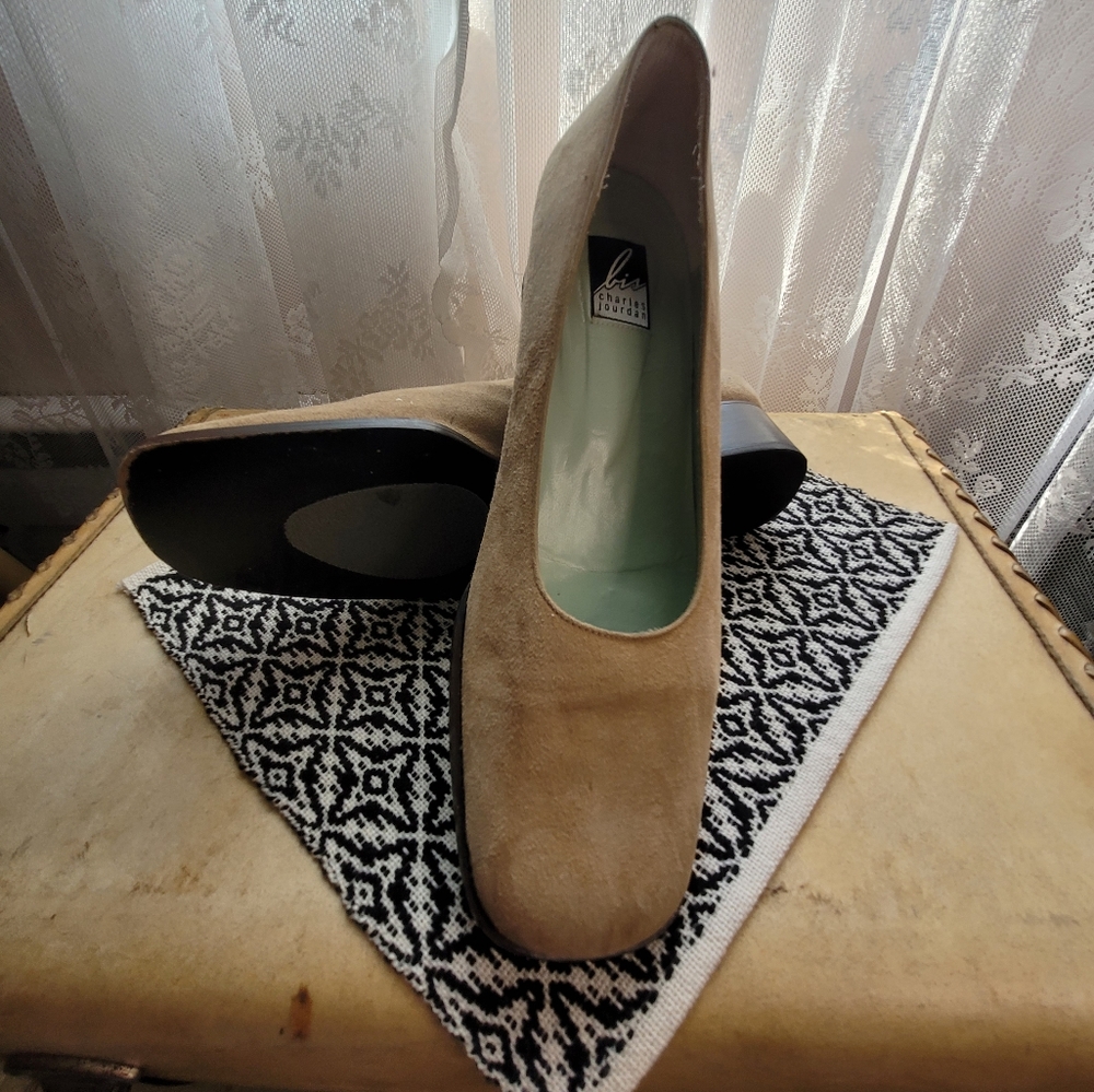 Vintage Charles Jourdan Bis Suede Chunky Block Heel Pumps Shoes High Heels 1990s